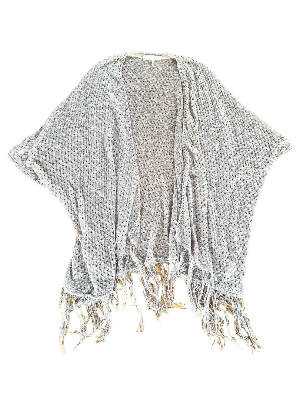 A'Reve Light Gray Open Knit Woven Cardigan Sweater Draped Fringe Top S M